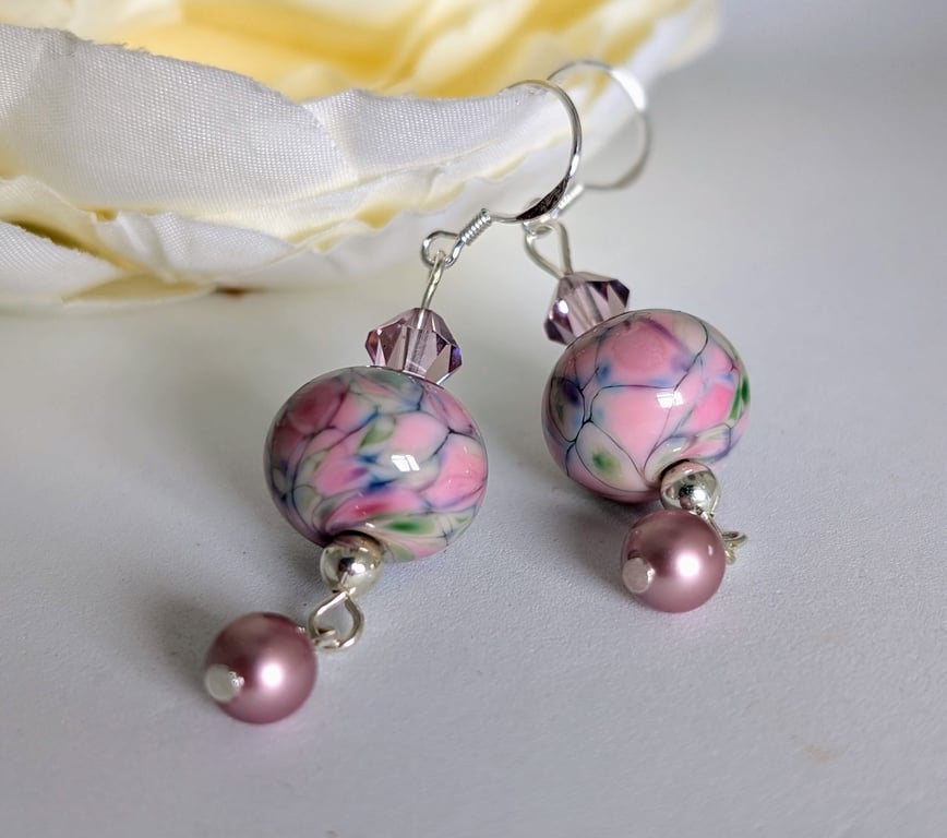 Pale Pink Art Glass Bead Earrings: Sterling Silver