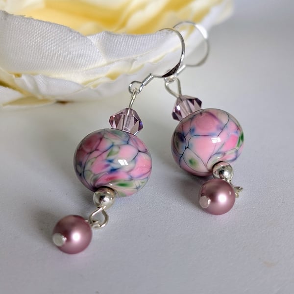 Pale Pink Art Glass Bead Earrings: Sterling Silver