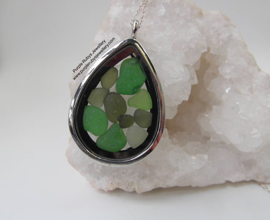 Beach Treasures Teardrop Locket Cornish Sea Glass Shades of Green N558