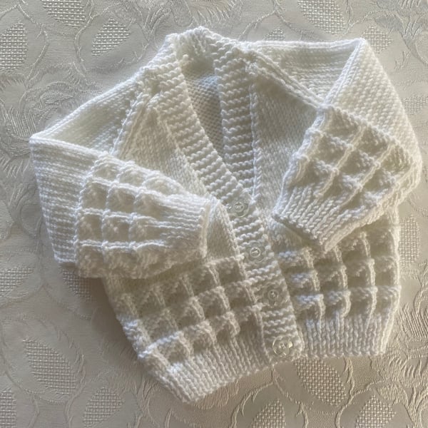 Hand knitted traditional baby cardigan Fits 0 - 3 Months 