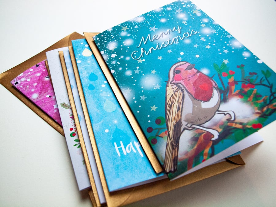 Set of 5 Illustrated Christmas Cards Birds