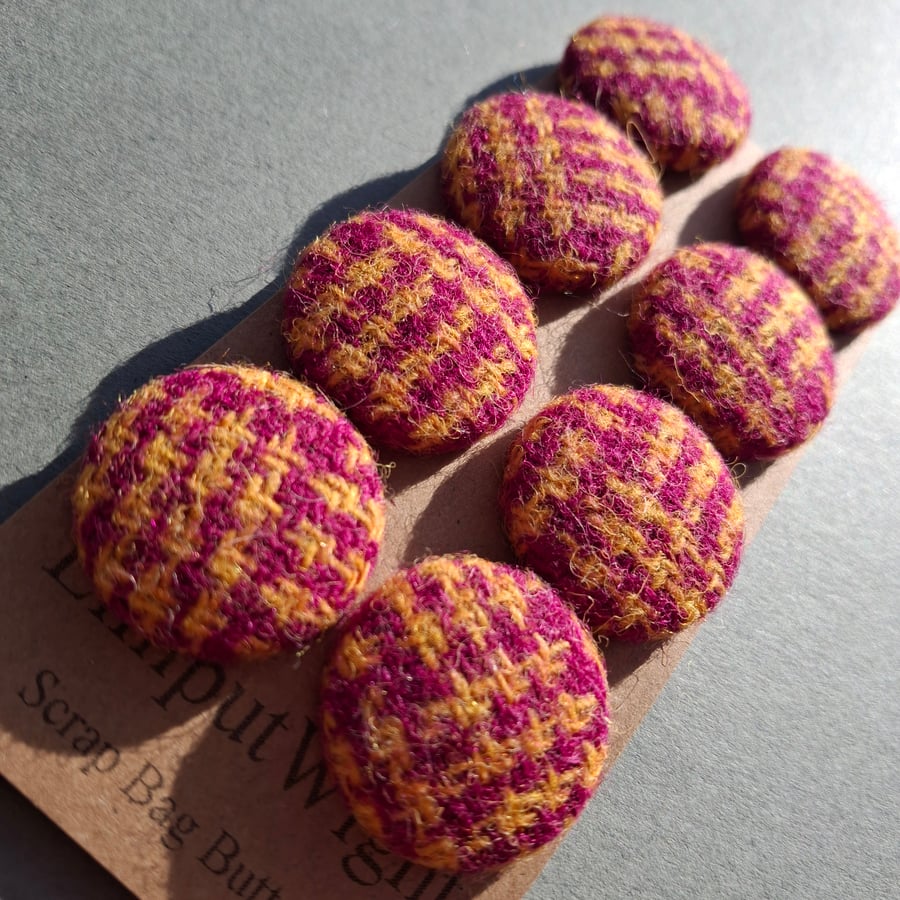 Set of eight scrap bag buttons -raspberry pink and orange Harris Tweed