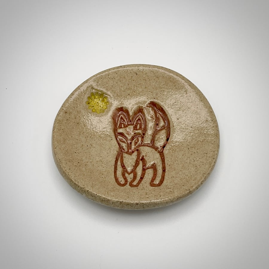 NEW! Stoneware trinket dish with fox and yellow flower