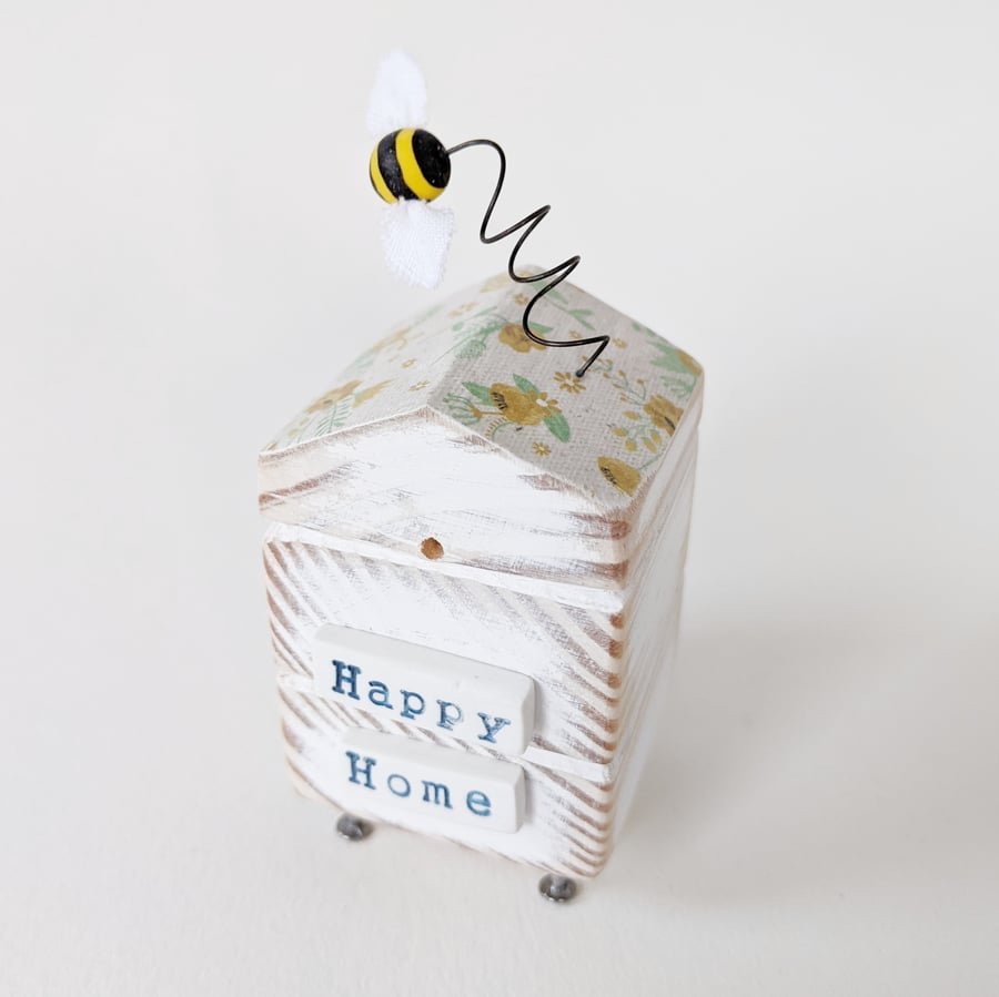 Wooden Beehive With Little Clay Bee 'Happy Home'