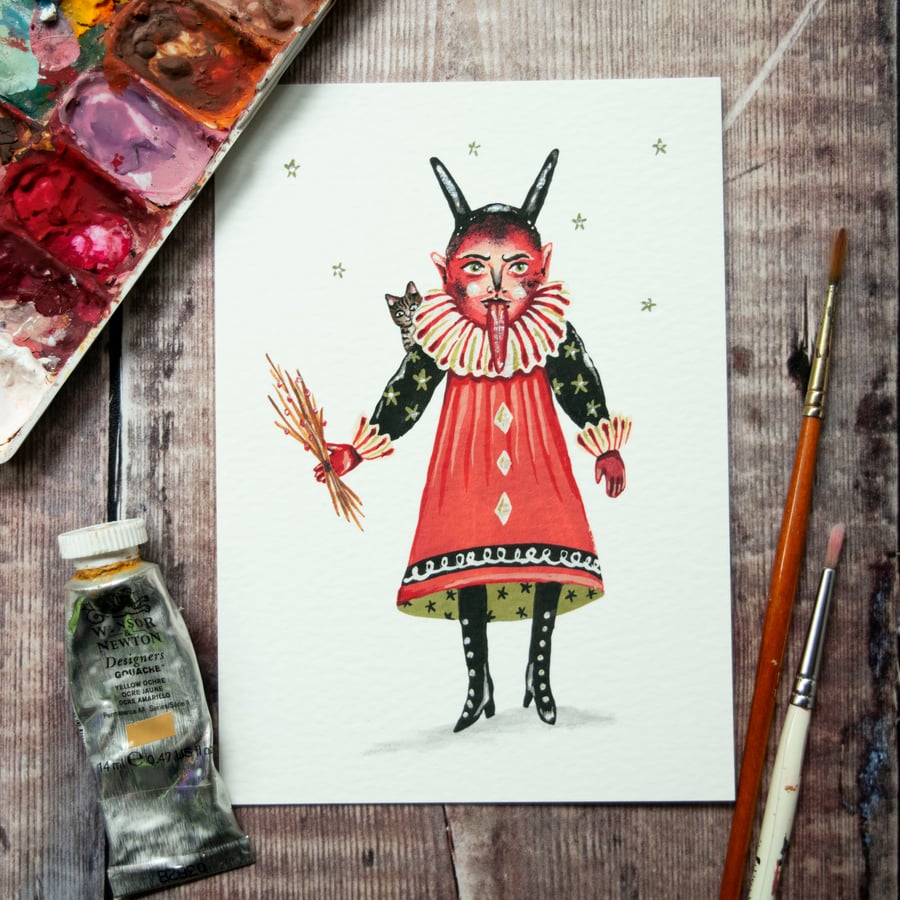 Rowan the Devil illustrated mini art print, A6 in size. Hand tinted