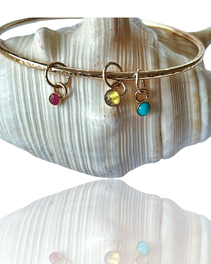 Gold Textured Bangle With Gemstone Charms