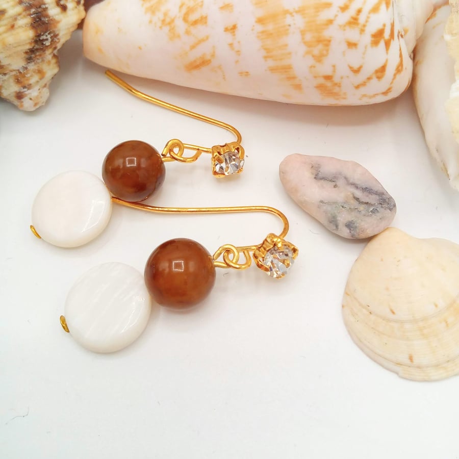 Golden Brown Fluorite and White Mother of Pearl Earrings, Gift for Her, Earrings