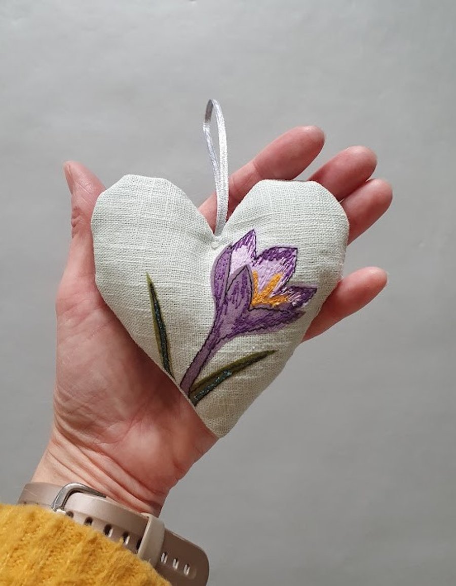 Handmade padded heart hanging decorations, Crocus, embroidered, applique