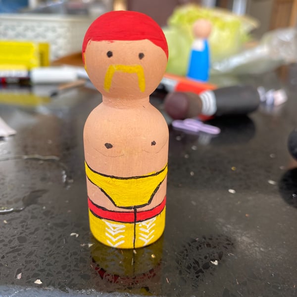 Hulk Hogan Handpainted Wooden Peg Doll - WWE Wrestling Icon