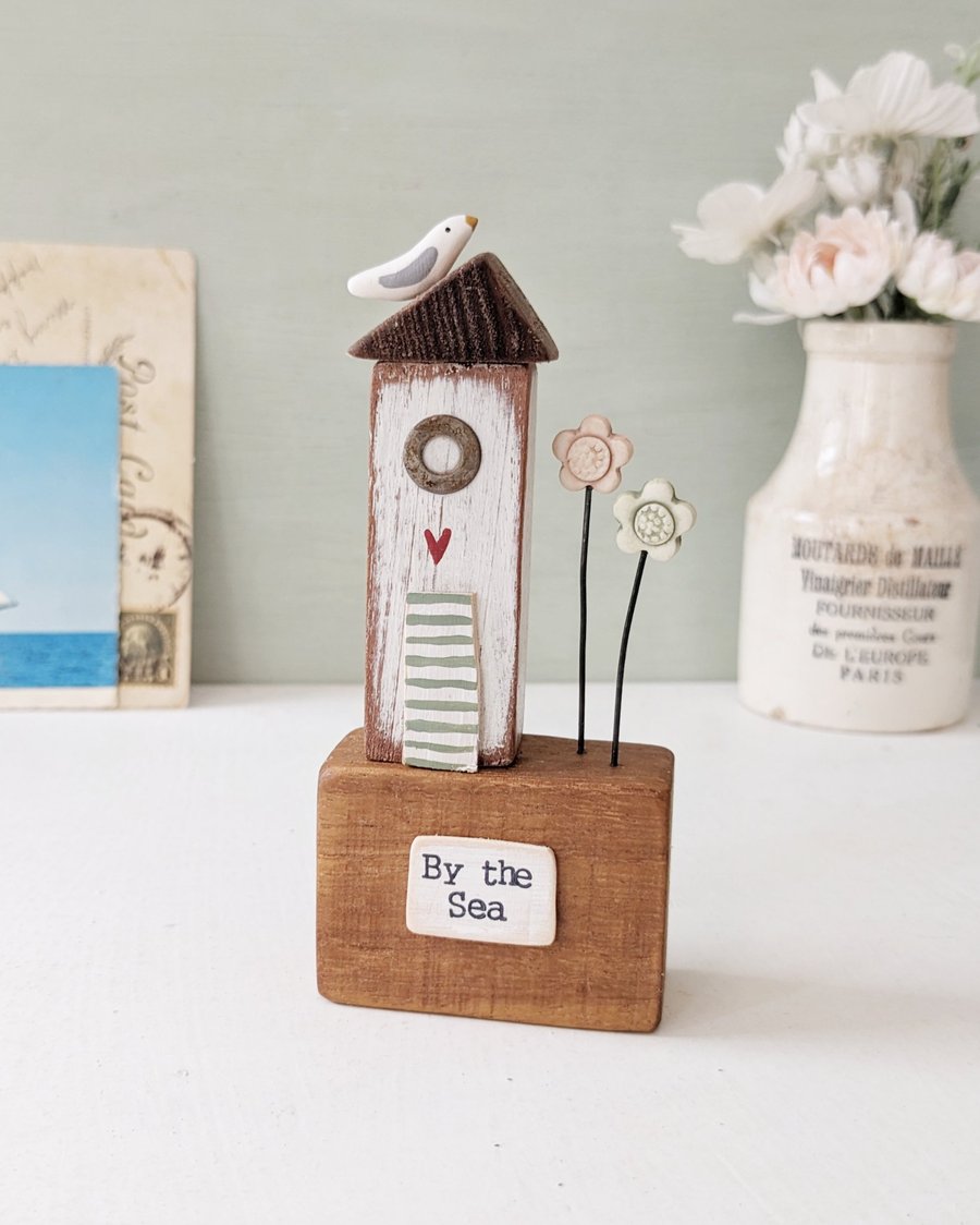 Tall Wooden Sea Hut with Clay Flower and Seagull 'By the Sea'