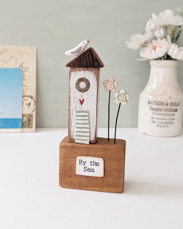 Tall Wooden Sea Hut with Clay Flower and Seagull 'By the Sea'