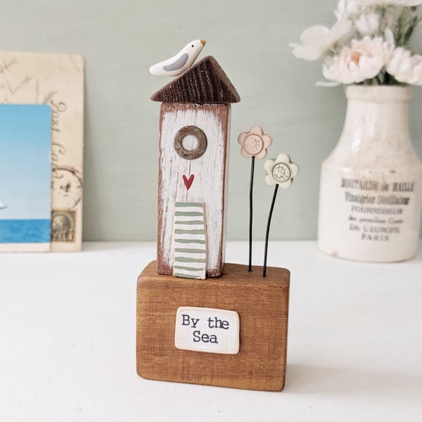Tall Wooden Sea Hut with Clay Flower and Seagull 'By the Sea'