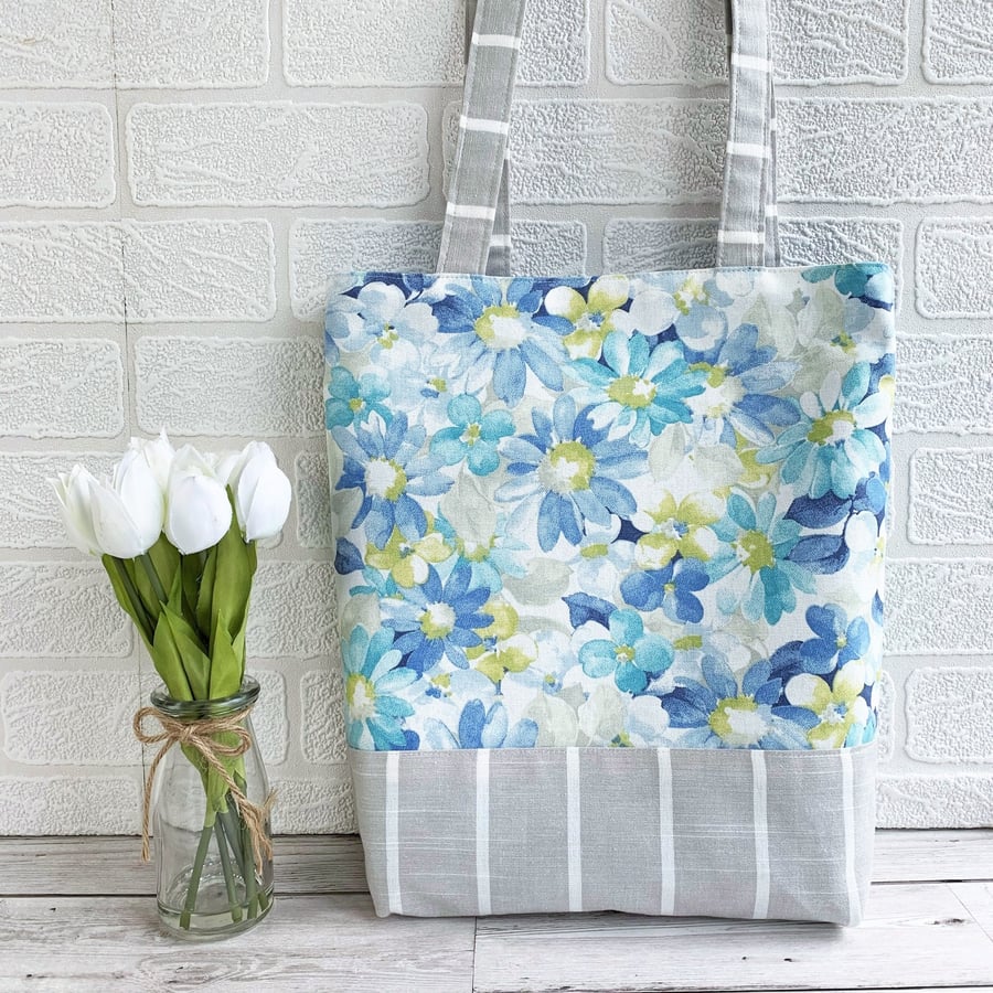 SOLD Tote bag in pastel floral and striped fabrics