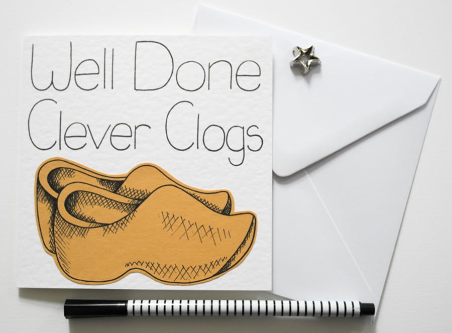 Well Done Clever Clogs Handmade Card, Exam Congratulations, New Job Card