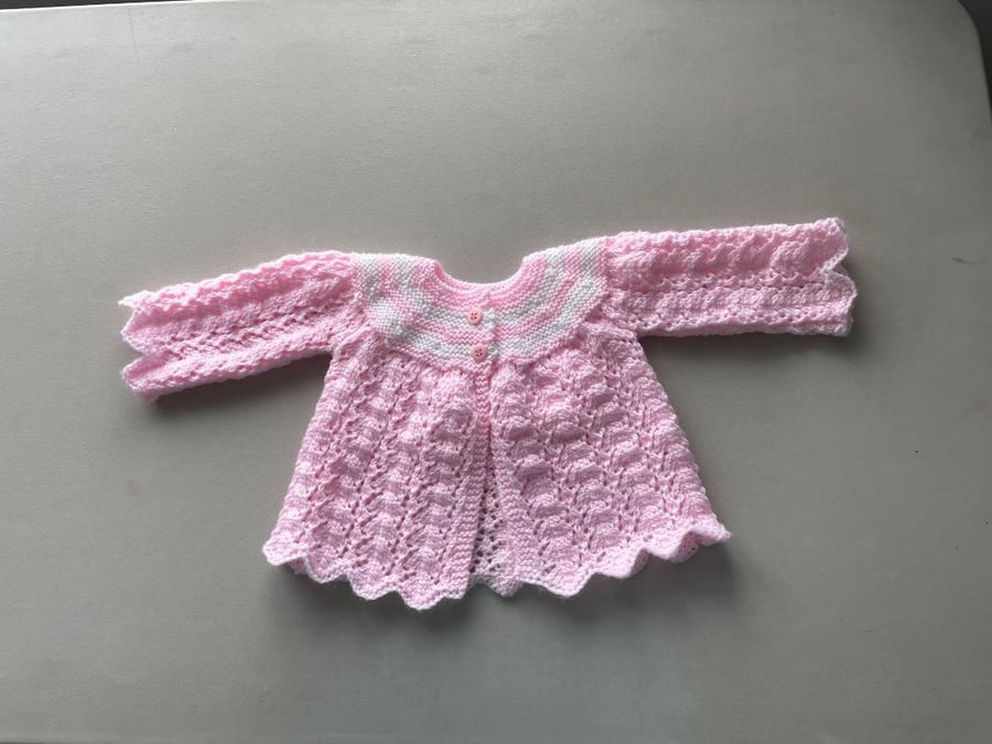 Handknitted Pink and White Baby Cardigan