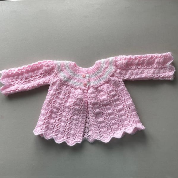 Handknitted Pink and White Baby Cardigan