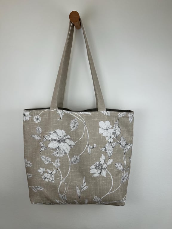 Floral Cotton Tote Bag, Beige Botanical Print, Large Shopper