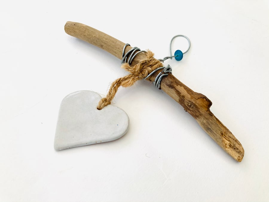 Handmade Driftwood, Loveheart hanger, pottery, gift idea, birthday, UK
