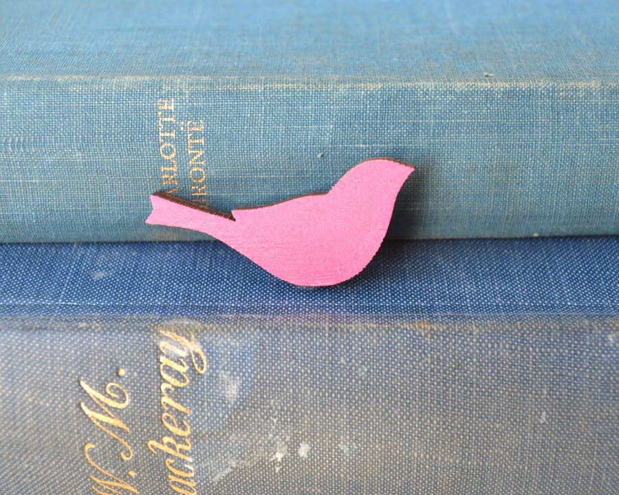 Painted Wooden Bird Brooch - Pink