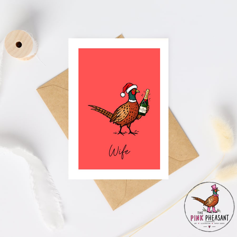 Wife Christmas Card - Champagne Pheasant Christmas Card - Hand Drawn Card