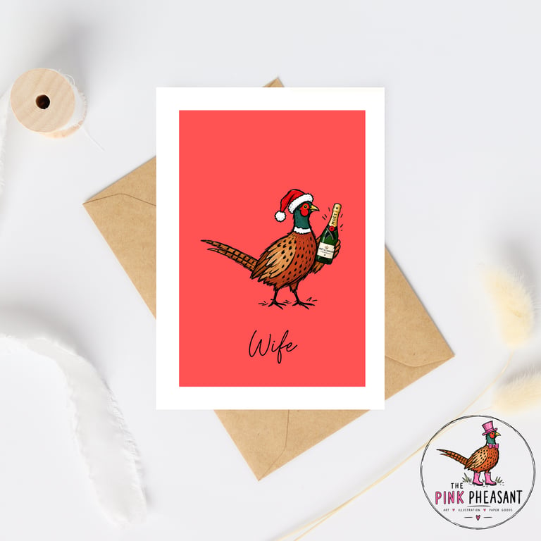 Wife Christmas Card - Champagne Pheasant Christmas Card - Hand Drawn Card