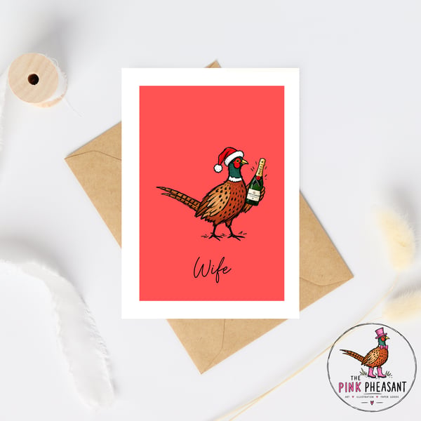 Wife Christmas Card - Champagne Pheasant Christmas Card - Hand Drawn Card