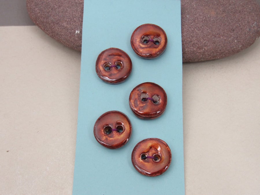 5 Small Round Bright Copper Ceramic Buttons