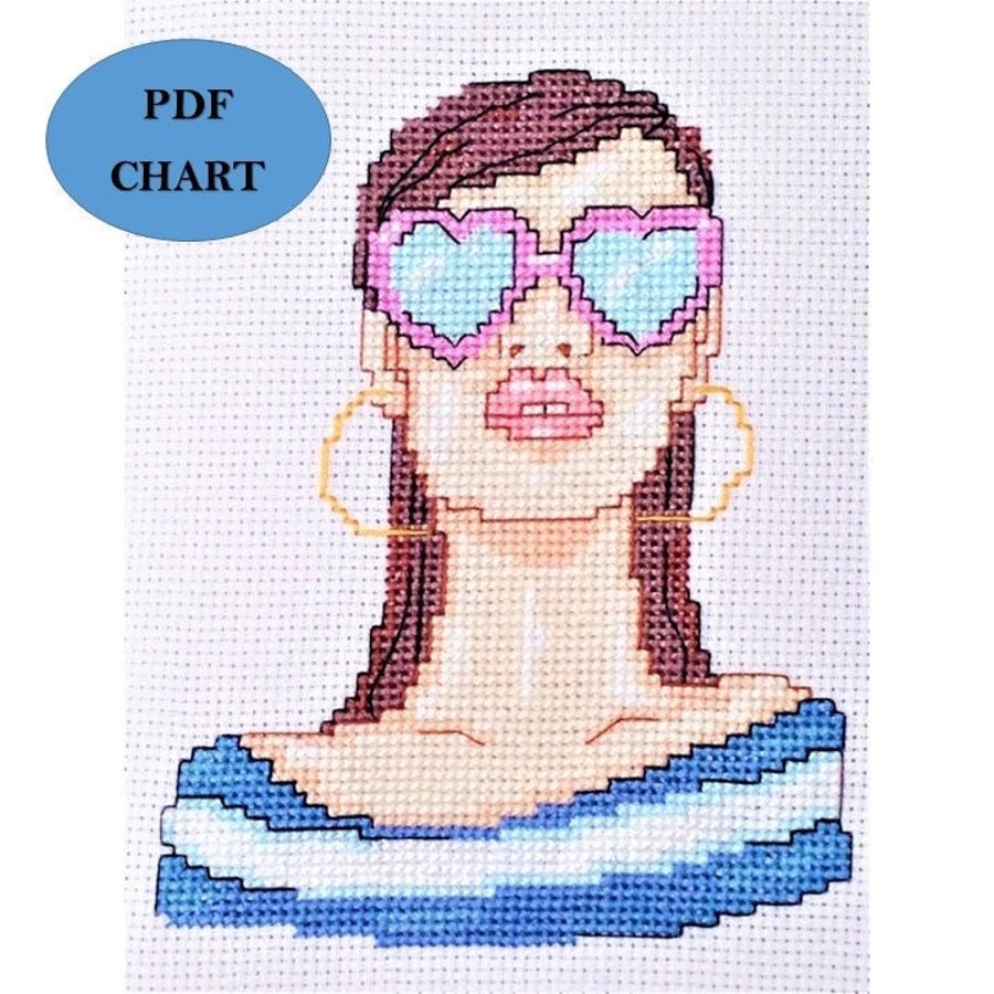 Fashion illustration cross stitch woman in sunglasses PDF digital Download chart