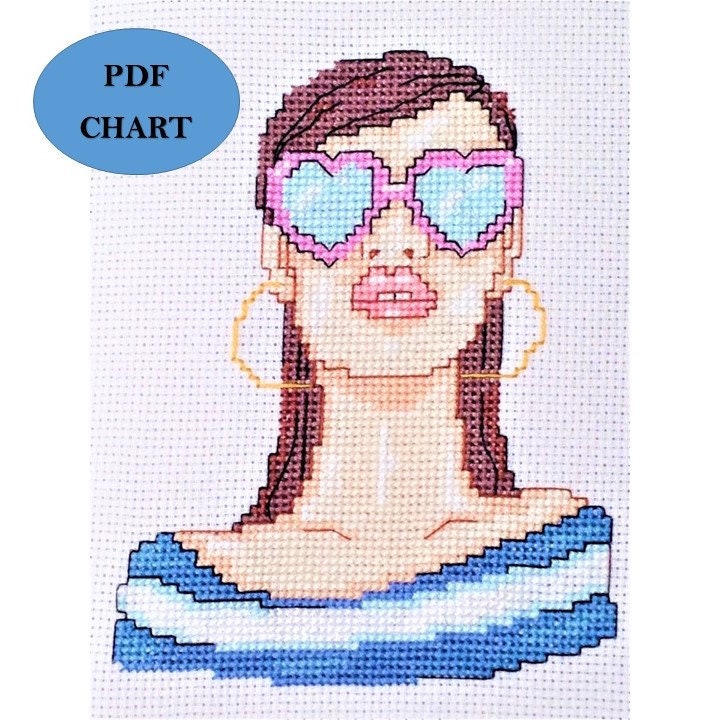 Fashion illustration cross stitch woman in sunglasses PDF digital Download chart