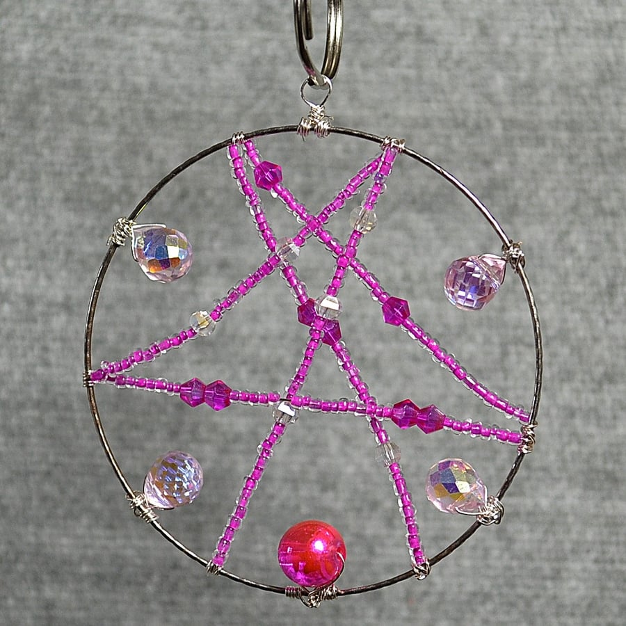 Silver Upcycled Bangle Window Decoration-Suncatcher with Pink and Clear Beads