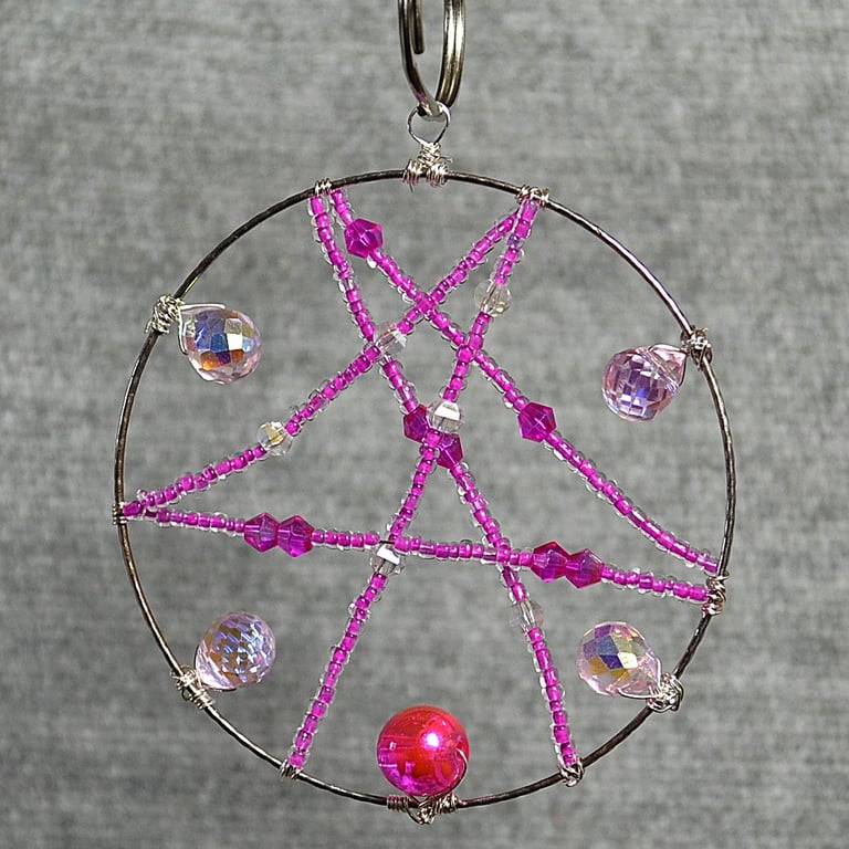 Silver Upcycled Bangle Window Decoration-Suncatcher with Pink and Clear Beads