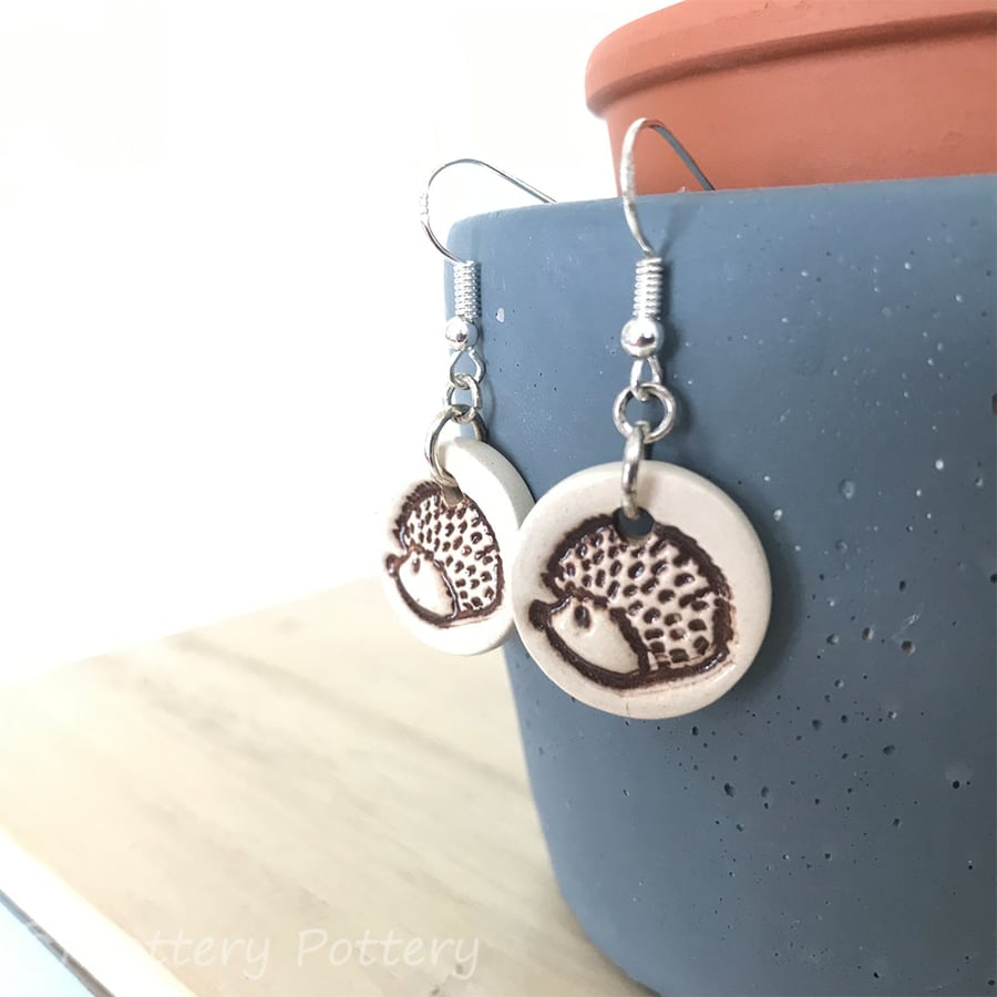 Handmade hedgehog ceramic disc earrings on sterling silver ear wires