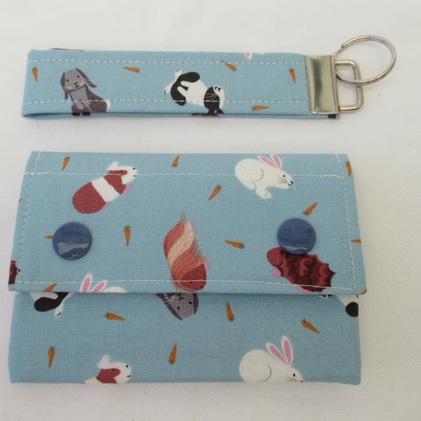 Rabbit and Guinea Pig Themed Fabric Wallet and Key Fob Set