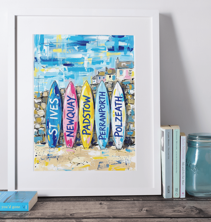 Cornwall Surfboards Coloursplash Coastal Print – A3 Framed