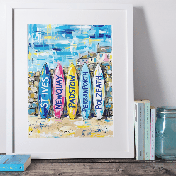 Cornwall Surfboards Coloursplash Coastal Print – A5 Framed