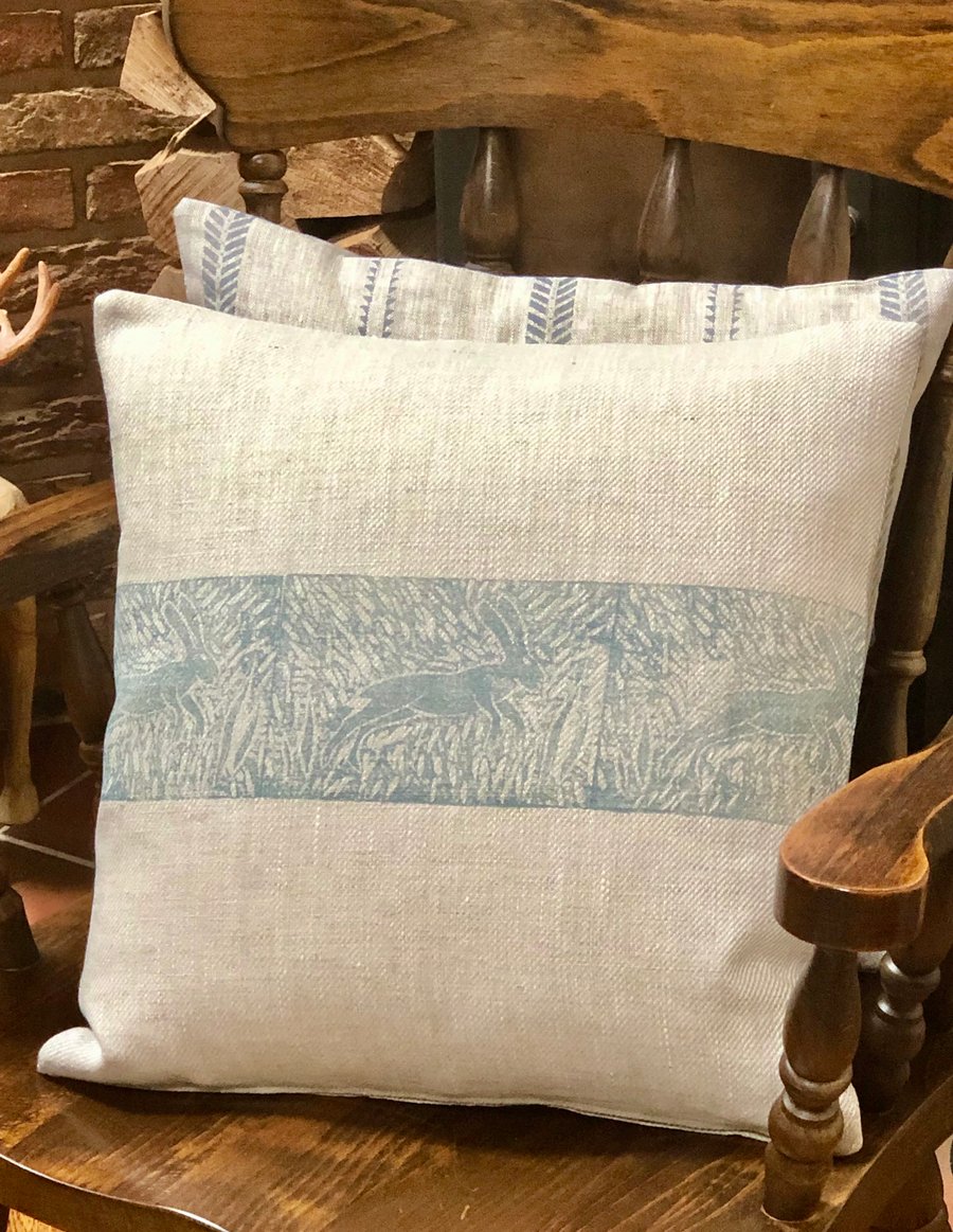 Decorative Hand Printed Cushion - Leaping Wild Hare