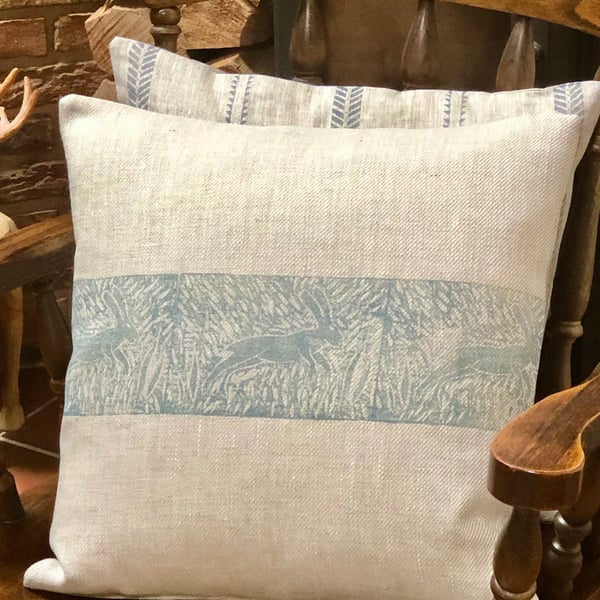 Decorative Hand Printed Cushion - Leaping Wild Hare