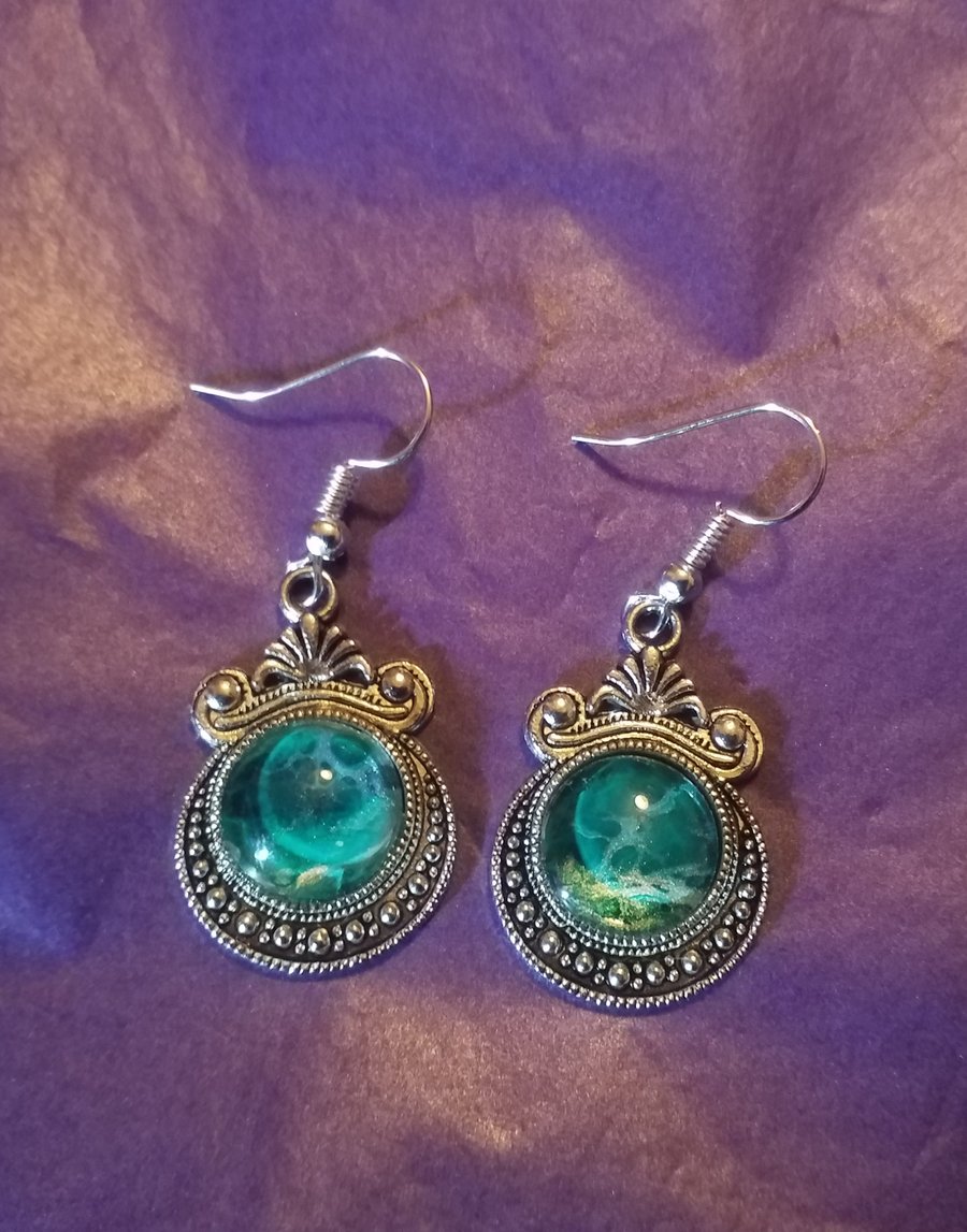 Handmade fluid art vintage style earrings,  green and silver