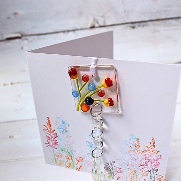 Blank Greeting card printed with Wild Flowers with a Glass Suncatcher. Gift