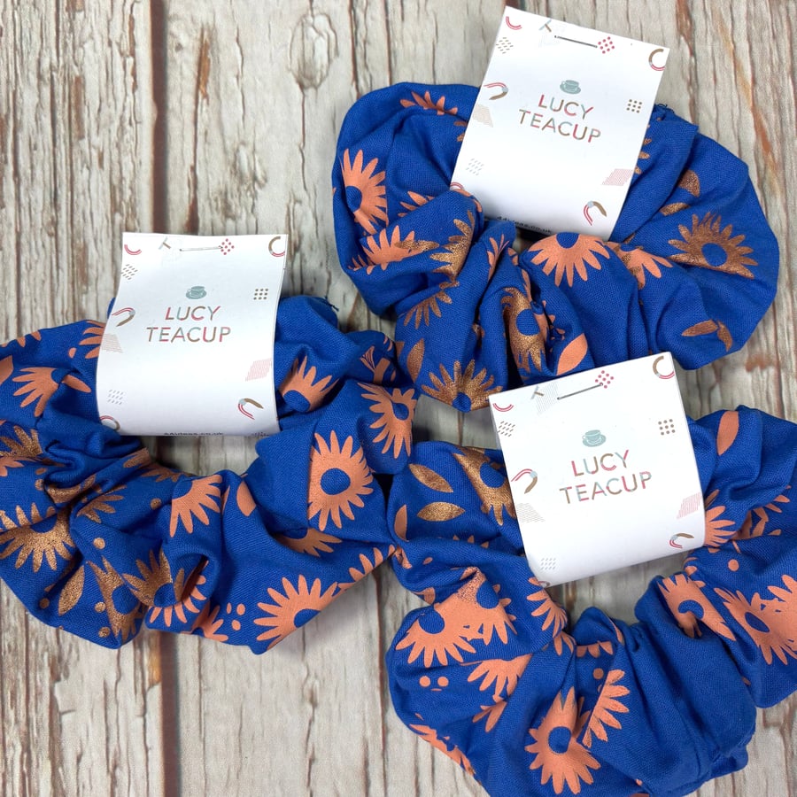 Handmade Screenprinted Scrunchies- Royal Blue daisy, coral copper floral 