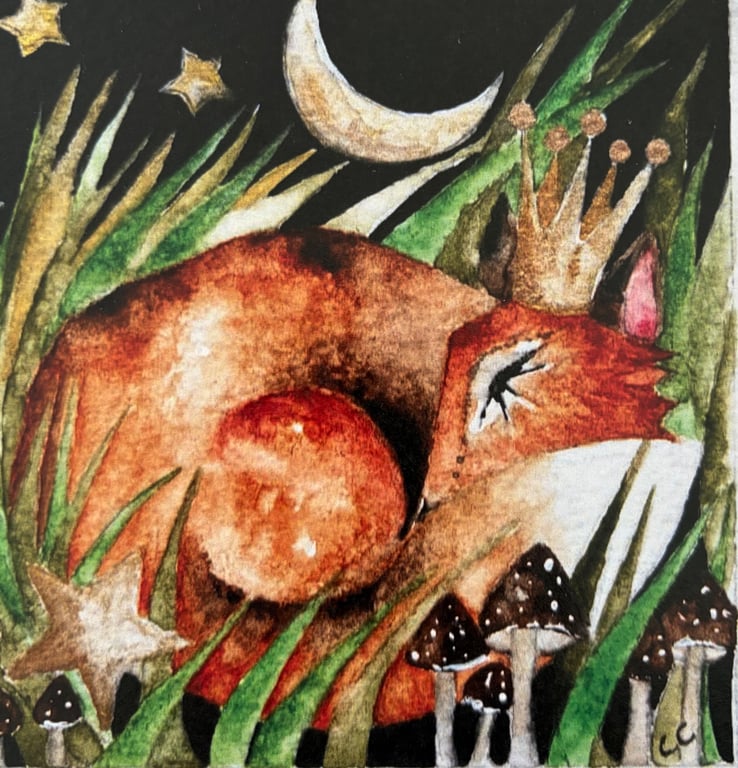 Mounted Original Whimsical Resting Red Fox Woodland Watercolour Art