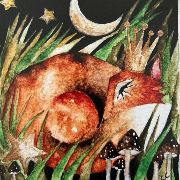 Mounted Original Whimsical Resting Red Fox Woodland Watercolour Art