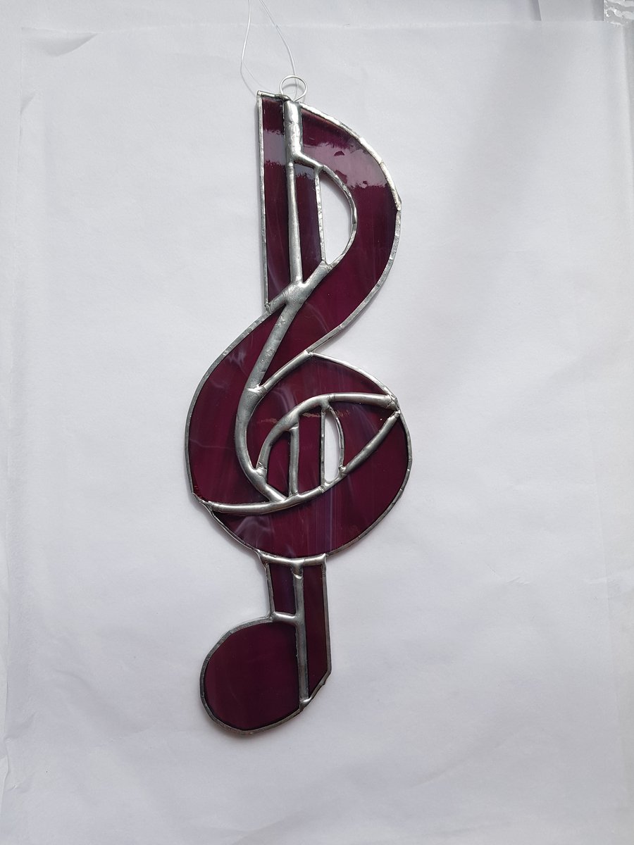 256 Stained Glass Maroon Music Clef - handmade hanging decoration.