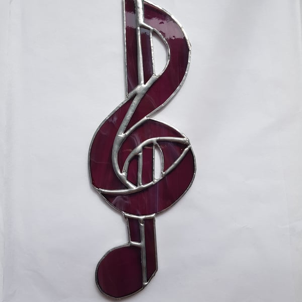 256 Stained Glass Maroon Music Clef - handmade hanging decoration.