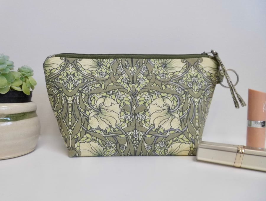 SOLD Make up bag in William Morris fabric Pimpernel green