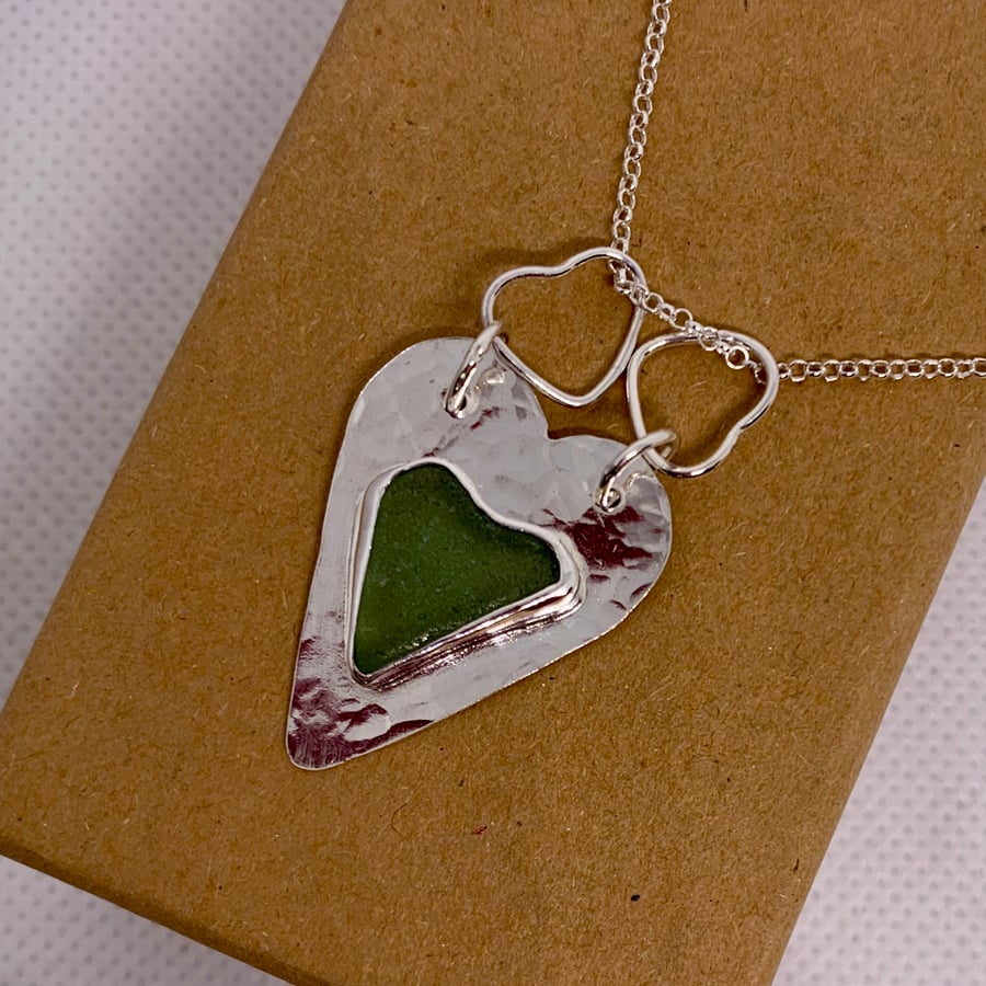 Beautiful Teal Grey Sea Glass and Textured Silver Love Heart Pendant - 1020