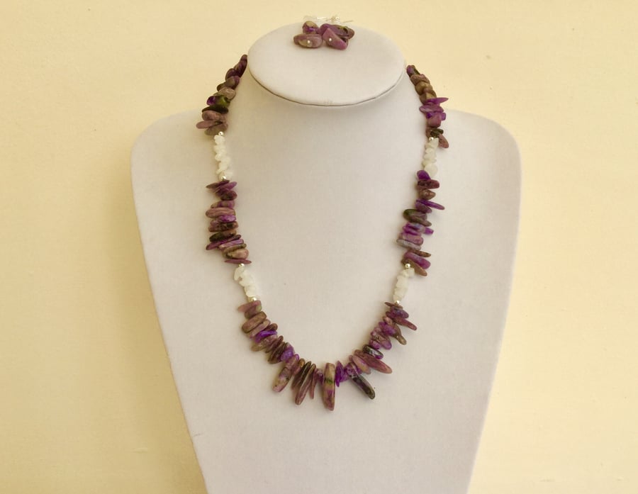 Sterling Silver Gemstone Necklace and Earring Set, Charoite and Quartz