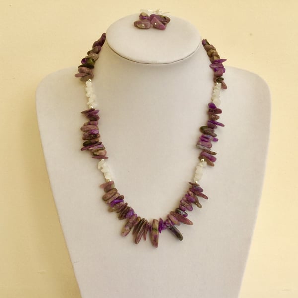 Sterling Silver Gemstone Necklace and Earring Set, Charoite and Quartz