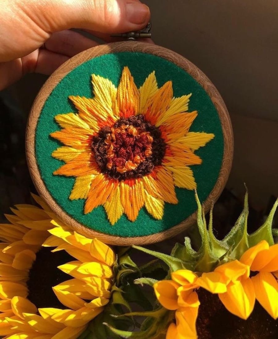 Golden sunflower wall art hand embroidery