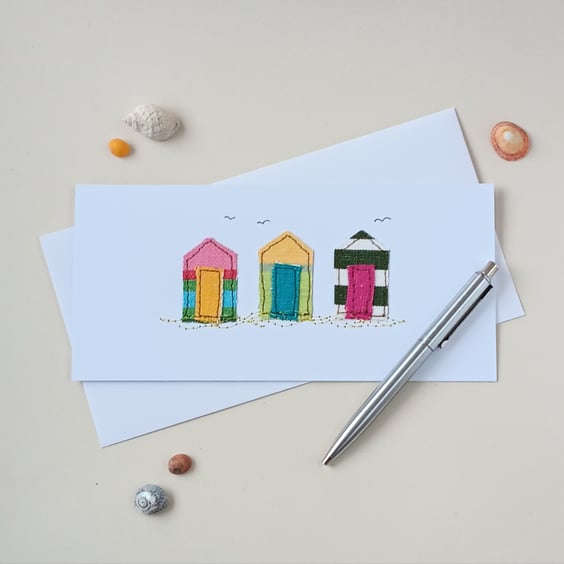 Embroidered Beach Huts Greetings Card